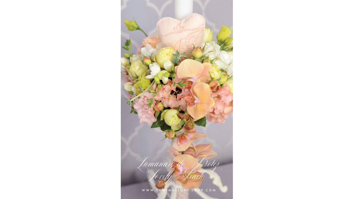 Lumanare de botez cu trandafiri si orhidee cymbidium, 65x4 cm, Peach Rose 1